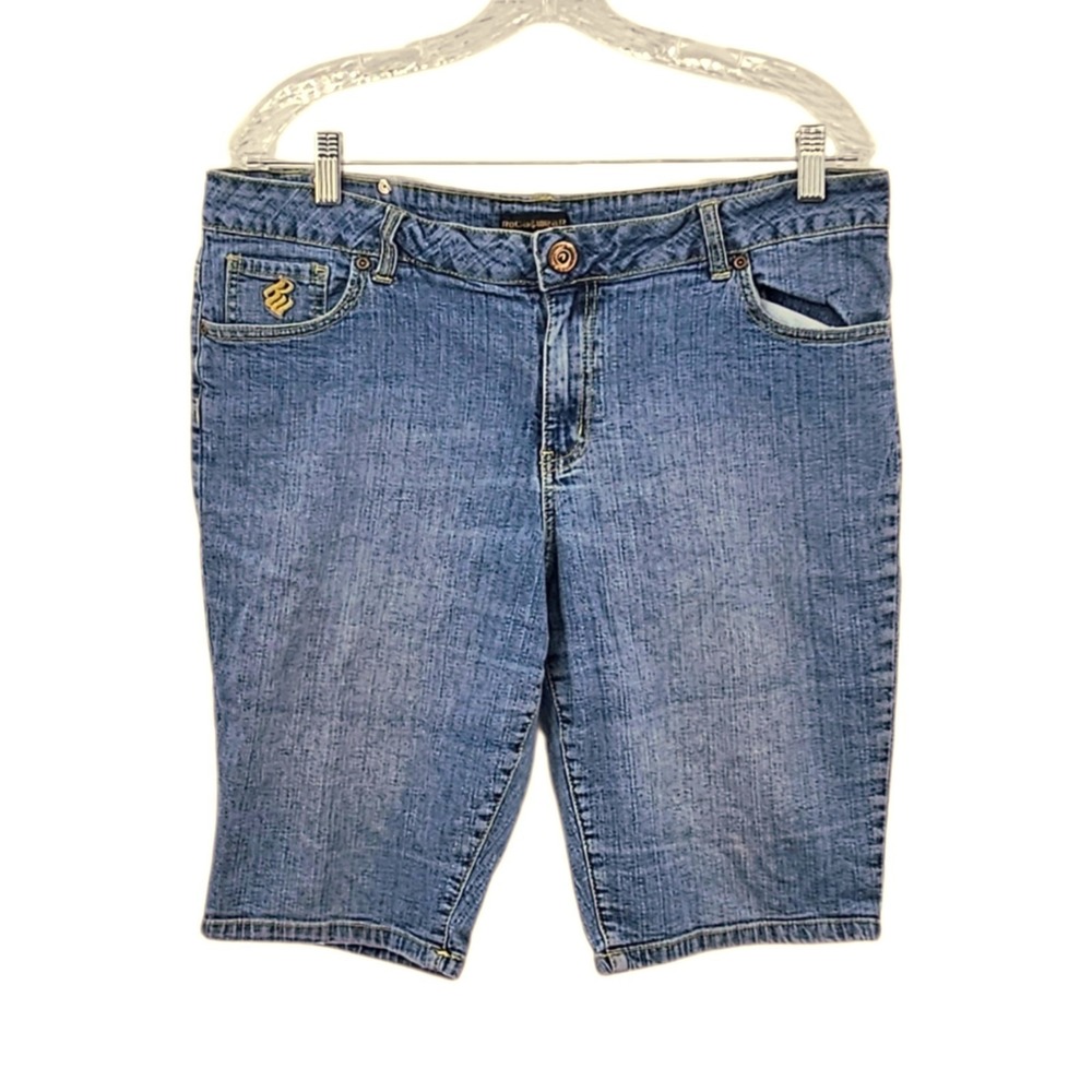 Rocawear Denim Shorts Womens Size 18 Blue Stretch Embroidered Logo Bermuda